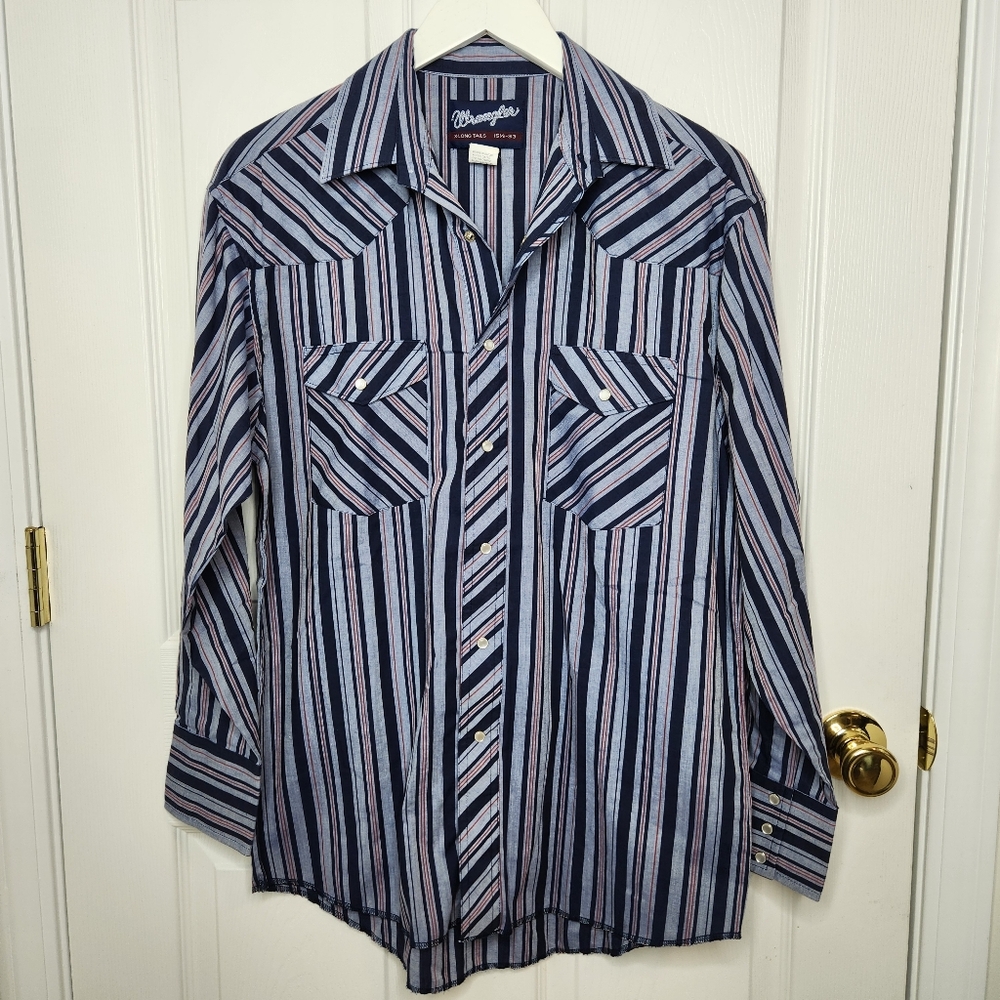 Vintage Mens Wrangler Western Shirt Pearl Snap X-long Tails 15.5 x 33 Stripe